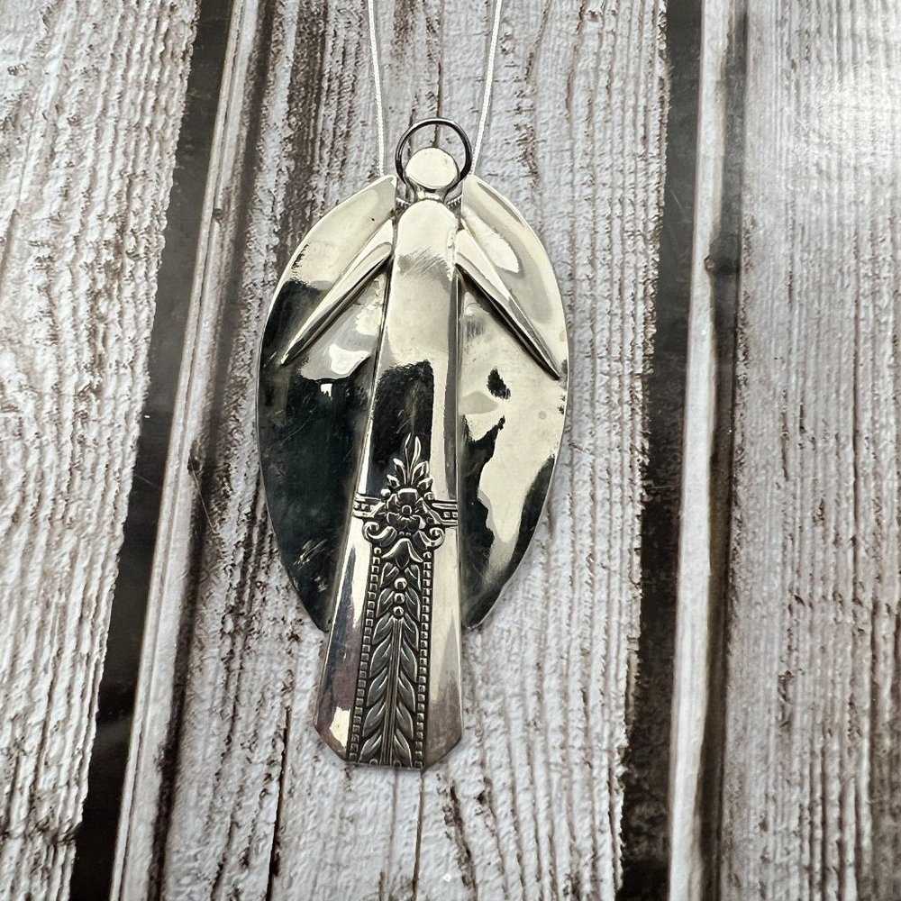 Angel Spoon Pendant Necklace Silver Plate 24" Silver Plate Chain Halo Wings